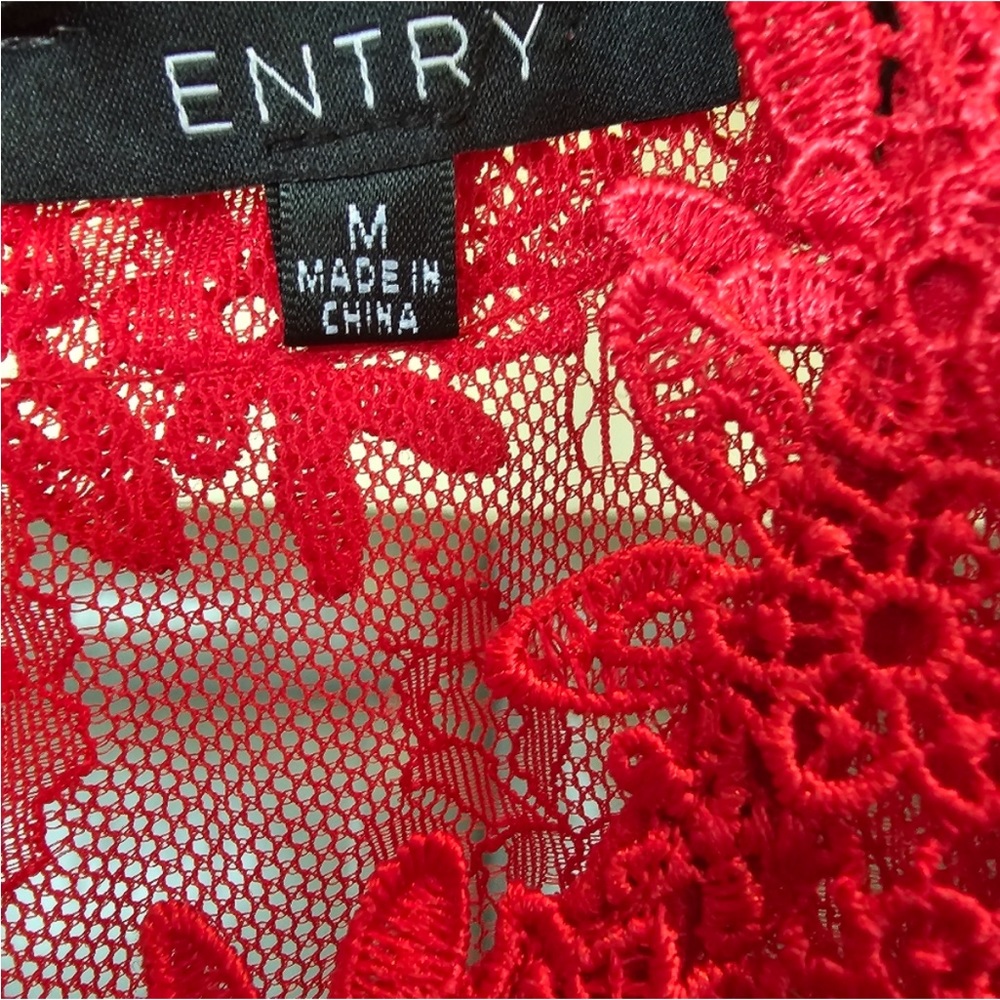 Entry red fitted dress with illusion lace neckline. M - Picture 2 of 4
